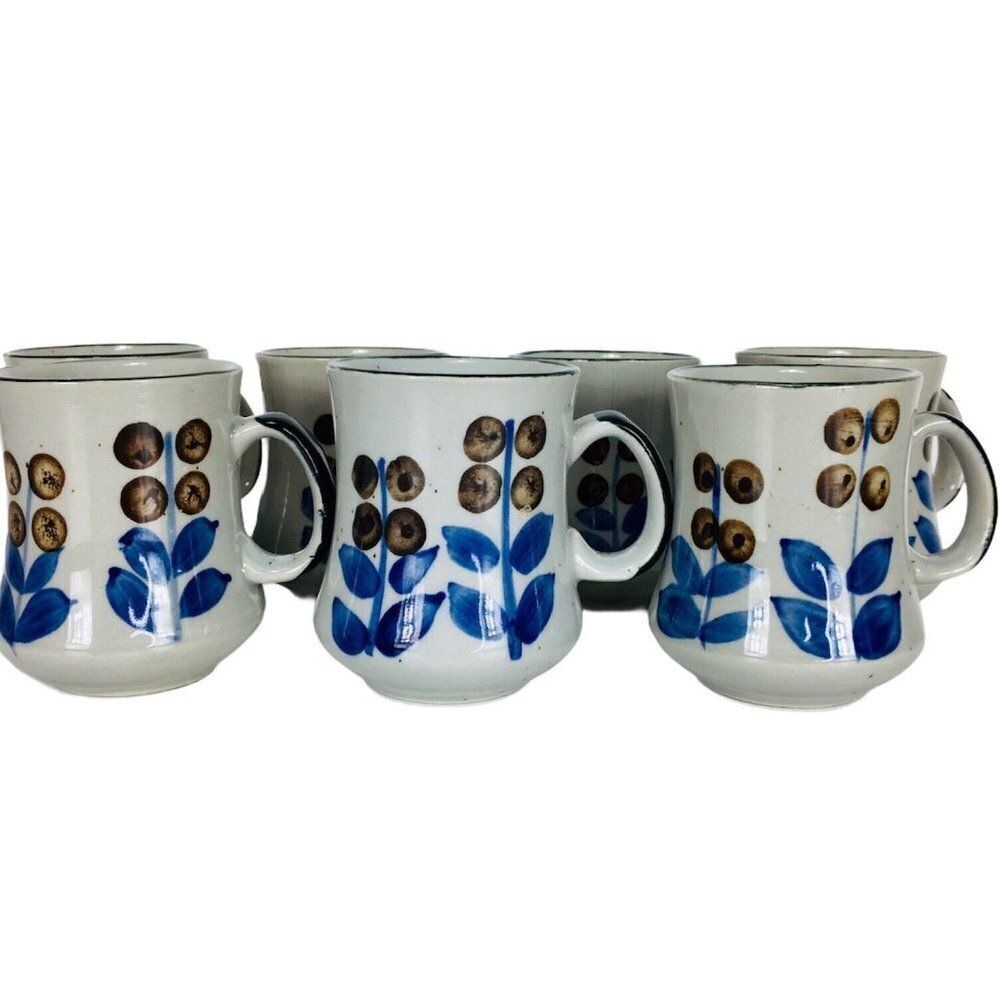 Vintage 70's Bohemian Floral Stoneware Coffee Tea Mugs Set of Seven COTC